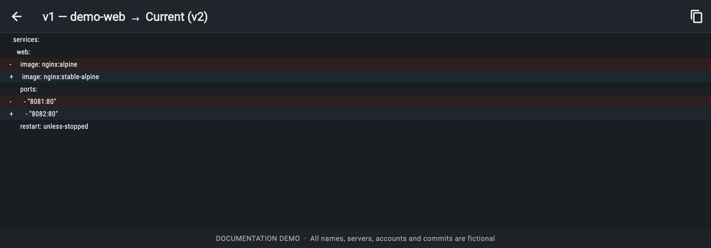 Compose line diff marking removal of nginx alpine and port 8081 and addition of nginx stable-alpine and port 8082.