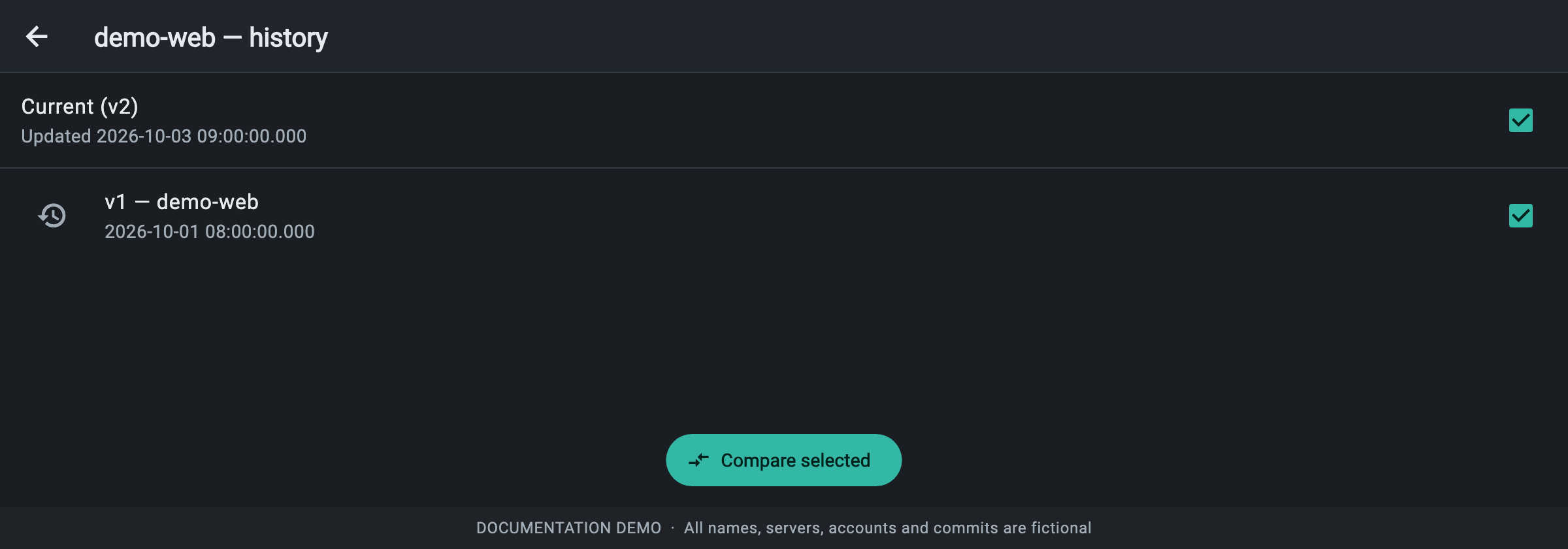 Compose version history with Current v2 and saved v1 selected and Compare selected enabled.