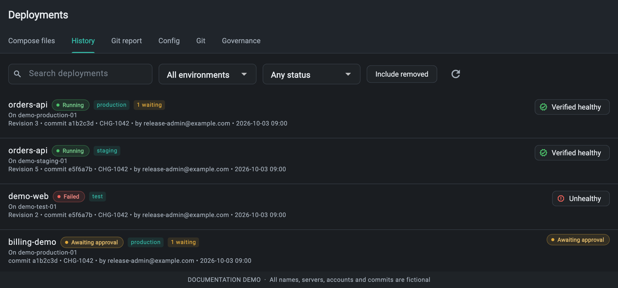 Deployment History showing fictional running, failed and awaiting-approval deployments with health and waiting badges.