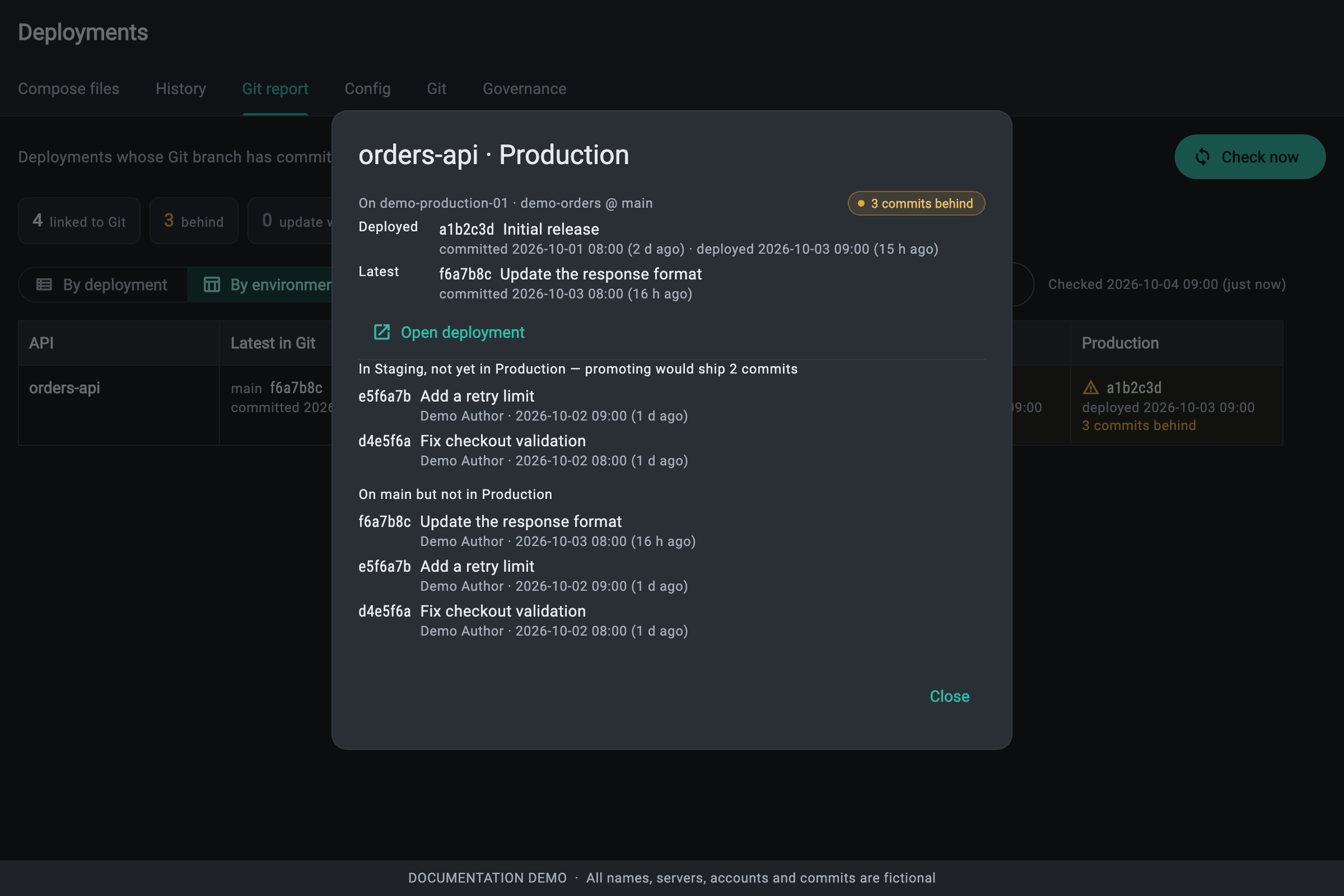 Production cell details listing two commits a staging promotion would ship and three commits missing from main.
