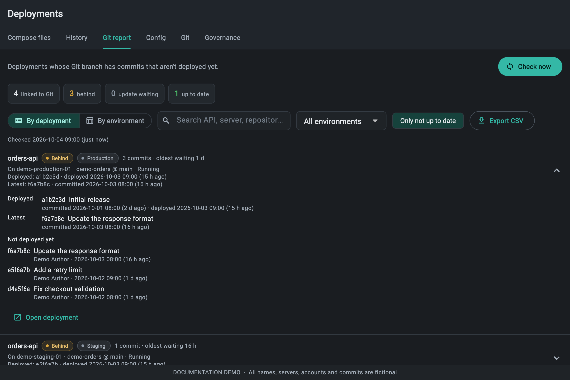 Git report By deployment with orders-api expanded to show three undeployed commits on main.